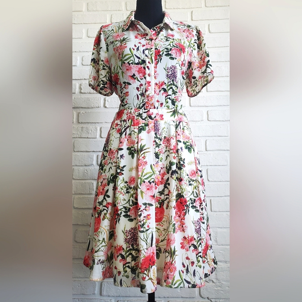 The Moon Floral Pleated Mini Dress Short Sleeves Retro Size Large
